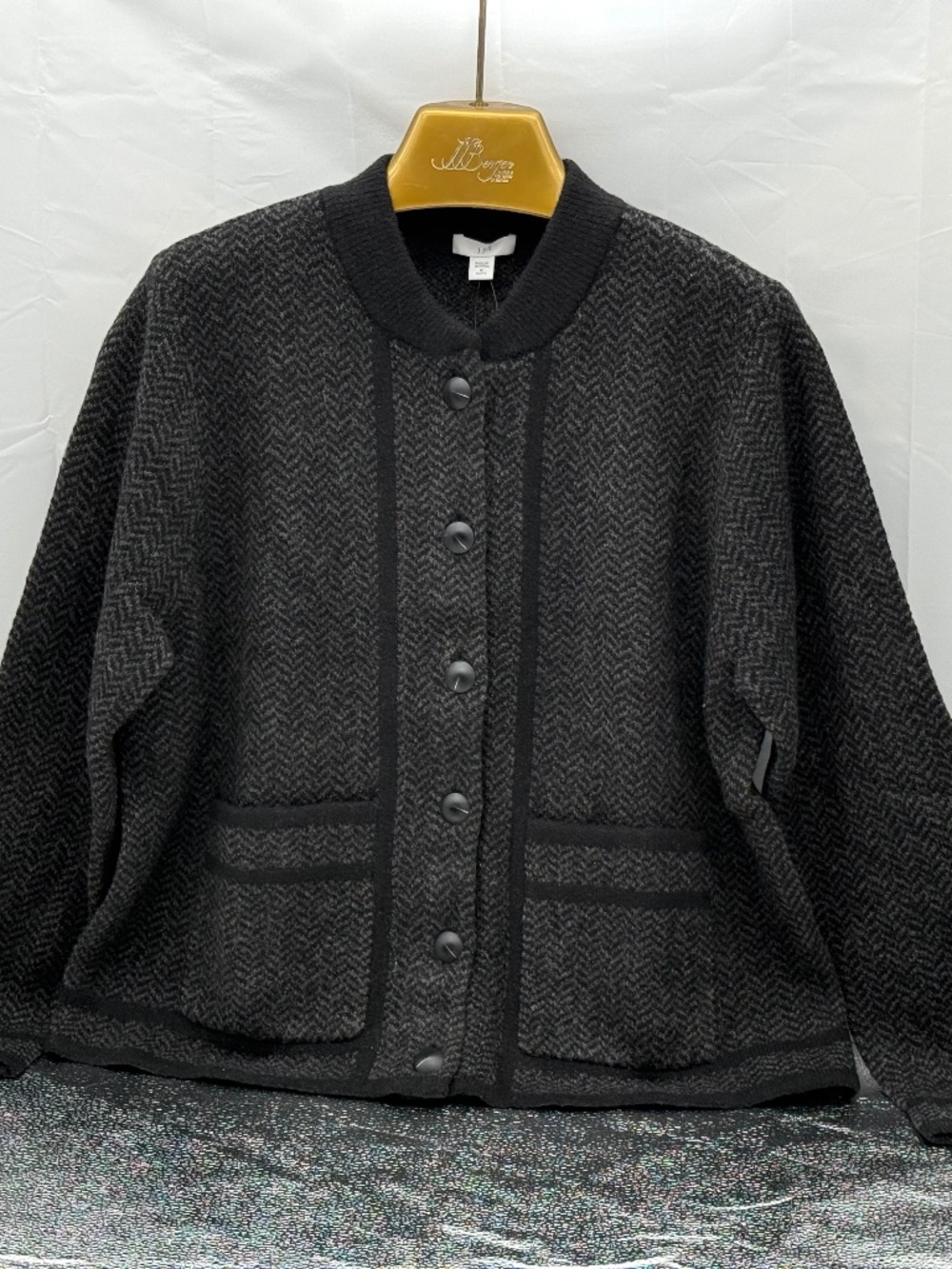 J. Jill Black and Charcoal Herringbone Cardigan Sweater Medium Petite